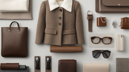 A stylish flat lay featuring a variety of chic fashion items, including a coat, handbag, accessories, and elegant details in warm, neutral tones.の素材