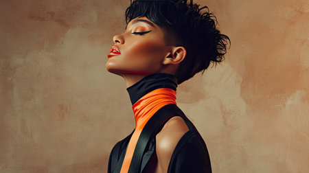 A striking portrait of a woman exuding elegance and confidence, featuring a modern hairstyle and artistic makeup against a warm, textured background.の素材