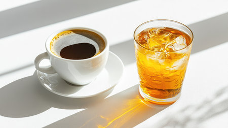 A cozy morning scene featuring a cup of coffee and a glass of iced beverage. Sunlight creates soft shadows, enhancing the refreshing feel of beverages.の素材