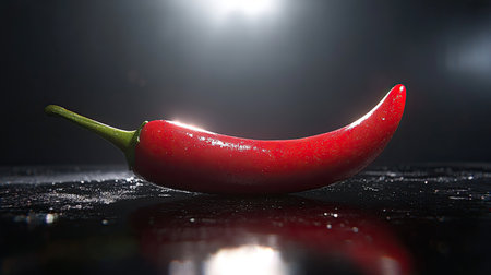 This image showcases a vibrant red chili pepper against a dark background, highlighting its glossy texture and freshness, perfect for culinary use.の素材