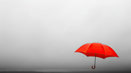 A striking red umbrella stands alone against a muted gray sky, creating a captivating contrast that evokes feelings of solitude and tranquility in nature.の素材
