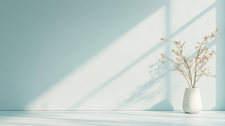 A serene minimalist interior showcasing a delicate floral arrangement in a light vase, bathed in soft sunlight, perfect for modern decor inspiration.の素材
