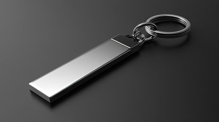 A sleek silver keychain resting on a dark surface, showcasing its modern design and reflective finish. Ideal for promotional use or personal branding.の素材