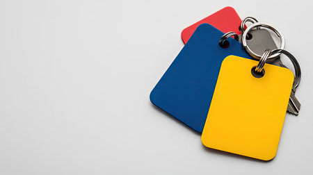 Brightly colored keychains with a metal ring on a light background. Ideal for showcasing vibrant accessories and minimalist design aesthetics.の素材