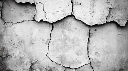 An abstract black and white image showcasing a cracked wall texture. The intricate patterns illustrate decay and provide a unique background for creative projects.の素材