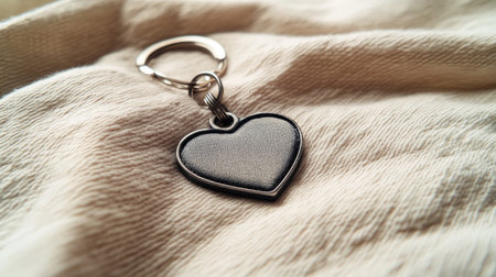 This close-up image features a heart-shaped metal keychain resting on soft fabric. Ideal for themes of love, gifts, and accessories.の素材