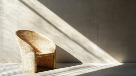 A stylish rattan chair positioned in a minimalist space, illuminated by soft sunlight casting gentle shadows, creating a warm and inviting atmosphere.の素材