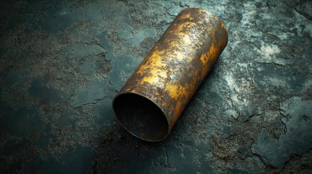 A large, weathered iron pipe lying on a textured concrete surface. The rust and patina create an industrial aesthetic, perfect for design projects.の素材