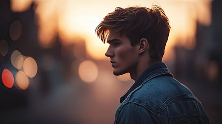 A serene profile of a young man captured against a vibrant sunset, featuring a soft bokeh background that enhances the contemporary mood and aesthetic.の素材