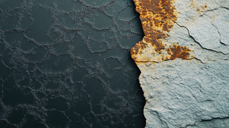 This image features textured surfaces showcasing rust and dark patterns, highlighting the beauty of natural decay and contrasting colors in a captivating way.の素材