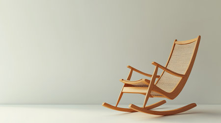 This image features a classic wooden rocking chair isolated on a clean background, showcasing its elegant design and minimalist style perfect for any serene environment.の素材