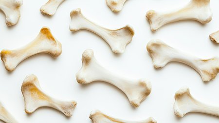 A collection of white dog bones arranged on a soft background, perfect for pet food advertising or playful kitchen decor. Ideal for animal lovers.の素材