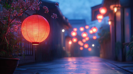 A serene evening scene showcasing vibrant red lanterns amidst rain and blooming blossoms. The tranquil alley reflects cultural beauty and peaceful ambiance.の素材