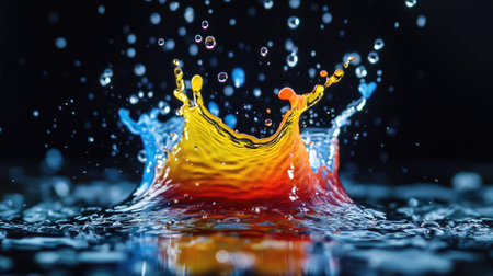 This stunning image showcases a vibrant splash of water frozen mid-air, featuring a beautiful blend of colors against a dark background, perfect for artistic projects.の素材