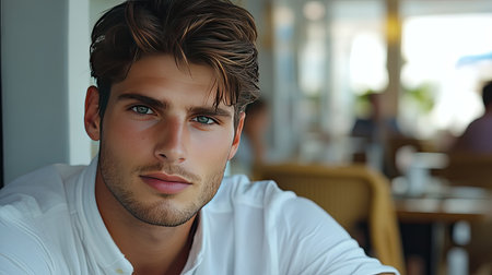 A striking portrait of a young man with stylish hair and intense eyes, exuding confidence and charm in a relaxed cafの素材