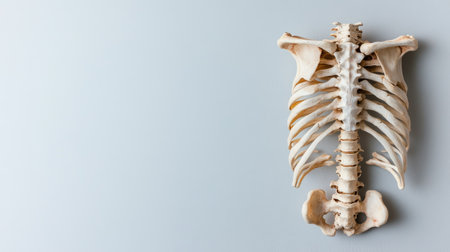 A clean and minimalist depiction of a rib bone lying vertically on a neutral background, suitable for educational and artistic purposes in anatomy and biology.の素材