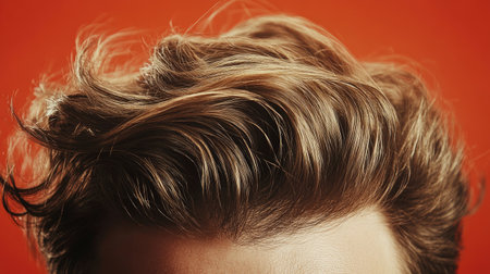 A close-up shot of a stylish hairdo showcasing vibrant texture and color against a warm background. Perfect for beauty and fashion themes.の素材