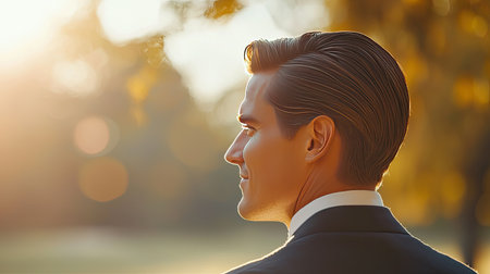 A sophisticated man enjoys a serene moment at sunset, showcasing elegance in a natural setting. The warm light creates a tranquil atmosphere, perfect for capturing inner peace and reflection.の素材