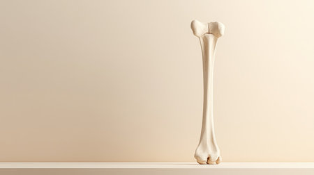 A single upright tibia bone stands elegantly on a light colored platform, showcasing its anatomical details. Perfect for educational and medical purposes.の素材