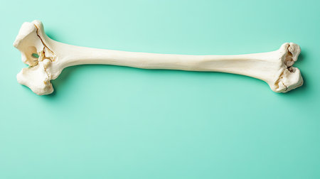 This image features a leg bone lying horizontally on a soft pastel background. It highlights the bone structure, ideal for educational and medical uses.の素材