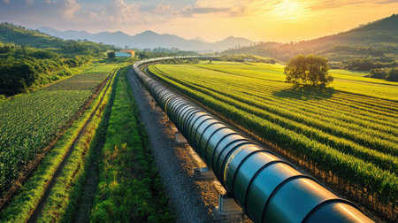 A stunning aerial view of a long pipeline meandering through lush green fields at sunset. The scene captures the harmony between industry and nature.の素材