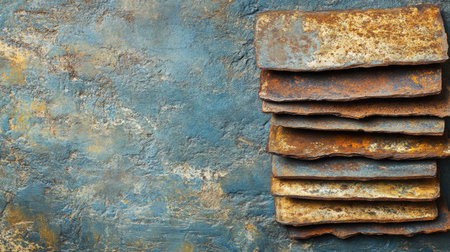 This image showcases a stack of iron sheets arranged neatly against a textured background, highlighting the interplay of rust and color for an industrial appeal.の素材