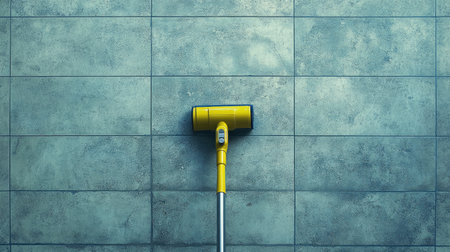 A bright yellow vacuum cleaner rests against a textured wall, showcasing modern cleaning technology ideal for home maintenance. Perfect for showcasing cleanliness.の素材