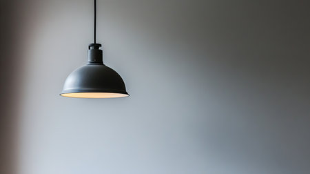 This image features a modern industrial-style hanging lamp illuminating a plain wall, creating a serene and minimalist atmosphere perfect for contemporary interior design.の素材