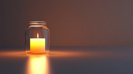 A tranquil candle burning softly in a glass jar, casting warm light on a smooth surface. Perfect for creating a peaceful ambiance in any space.の素材