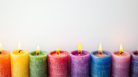 A row of colorful candles with soft flames glowing gently, creating a warm and peaceful atmosphere perfect for relaxation, decor, or celebrations.の素材