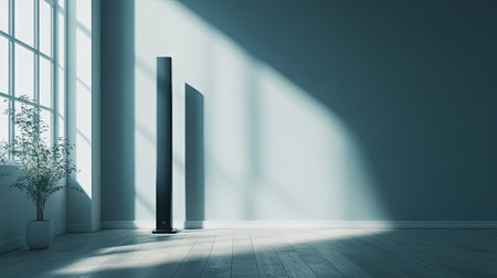 A serene modern interior featuring a tall floor fan beside a window, showcasing gentle shadows and natural light, creating a tranquil atmosphere.の素材