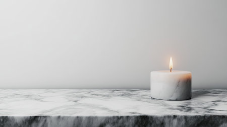 A serene and aesthetic image of a lit white candle placed elegantly on a marble tabletop, creating a warm and tranquil atmosphere perfect for relaxation and wellness.の素材