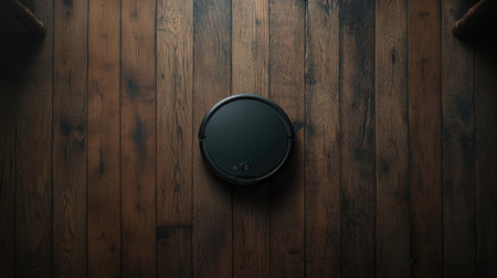 A sleek robot vacuum rests on a rustic wooden floor, showcasing modern technology in home cleaning. Ideal for illustrating convenience and innovation in household chores.の素材