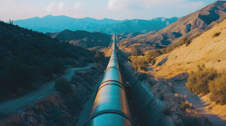 A stunning view of a long pipeline stretching through mountainous terrain, showcasing the beauty of nature and engineering in a serene landscape.の素材