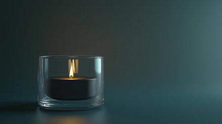 A tranquil scene featuring a flickering candle flame in a glass holder, creating a warm ambiance against a dark backdrop. Perfect for relaxation.の素材