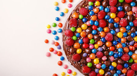 A vibrant chocolate cake adorned with colorful candies and fresh raspberries. Perfect for celebrations, this dessert adds a festive touch to any occasion.の素材