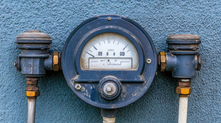 Close-up view of a vintage pressure gauge mounted on a blue wall. The mechanical device shows pressure measurement with clear markings and aged texture.の素材