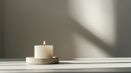 A simple white candle sits on a light surface, casting a warm glow and soft shadows in a serene setting, perfect for creating an inviting ambiance.の素材