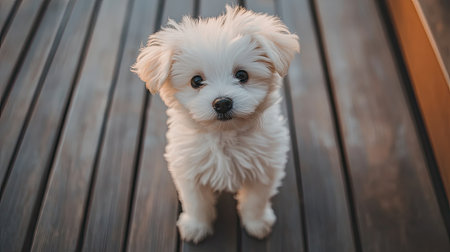 A charming white puppy with fluffy fur sits on a wooden floor, capturing the essence of innocence and joy. Perfect for pet-themed projects and marketing.の素材