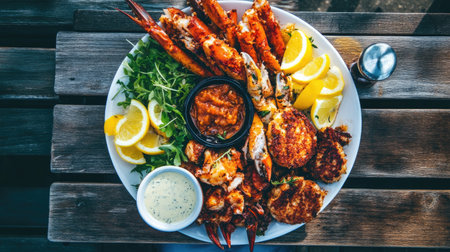 A vibrant seafood platter featuring shrimp, crab, and fresh lemons, perfect for sharing at gatherings or enjoying a tasty outdoor meal.の素材