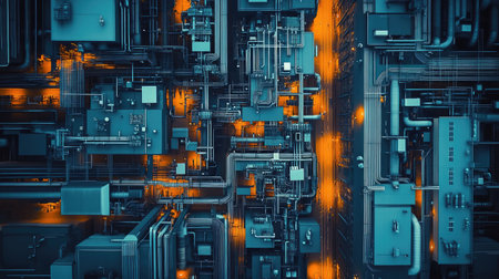 Explore an abstract 3D landscape featuring intricate pipes and glowing neon highlights, representing a futuristic urban environment in vibrant colors.の素材