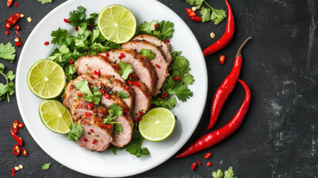 A beautifully arranged plate of sliced pork garnished with fresh lime, red chilis, and cilantro, showcasing vibrant colors and flavors ideal for a gourmet meal.の素材