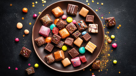 A vibrant assortment of assorted colorful chocolates arranged on a dark plate, perfect for celebrations, events, or as a delicious treat for any occasion.の素材