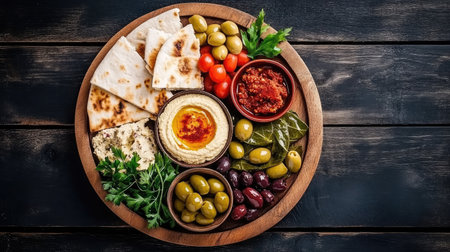 A vibrant Mediterranean platter featuring hummus, olives, fresh vegetables, and flatbread, perfect for sharing at gatherings or enjoying as a healthy snack.の素材