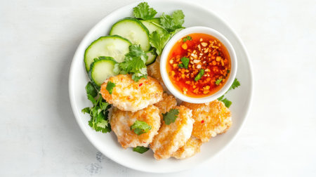 Enjoy a mouth-watering plate of crispy shrimp served with fresh cucumbers and a flavorful dipping sauce, perfect for appetizers or a snack.の素材