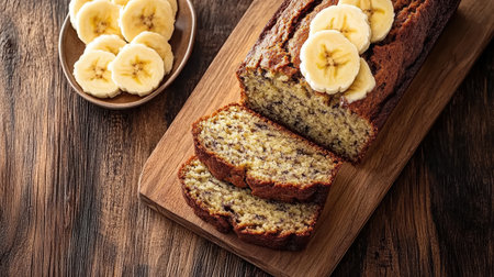 A delectable loaf of freshly baked banana bread sits on a wooden board, topped with sliced bananas. Perfect for breakfast, snacks, or dessert.の素材