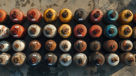 A vibrant array of colorful gas cylinders arranged in a neat pattern. These metal containers vary in texture and color, showcasing an industrial atmosphere.の素材