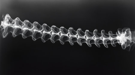 Detailed X-ray image showcasing the complex structure of the human spine. Ideal for educational and medical purposes, representing health and anatomy.の素材