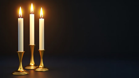 Three elegant candles in golden holders emit warm light against a dark background, creating a serene and tranquil atmosphere perfect for relaxation or decoration.の素材