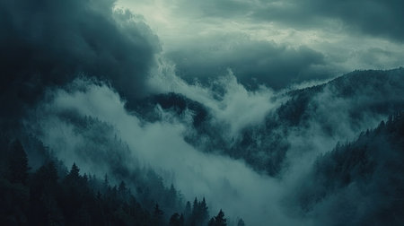 A serene and mysterious landscape showcasing a fog-laden forest with dramatic mountains in the background, creating an atmospheric and tranquil scene.の素材